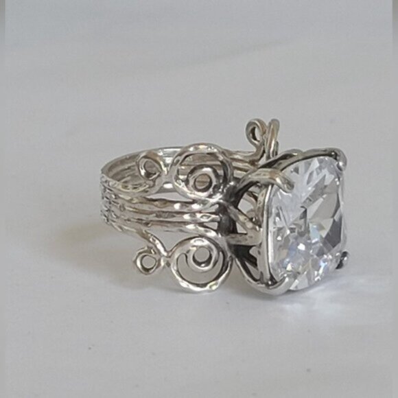 Vintage Sterling Silver Large Chunky Filigree Huge Cushion Cut CZ Crystal Ring - Picture 13 of 15